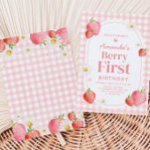 Pink Gingham Strawberry Berry eerste verjaardag Kaart