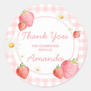 Pink Gingham Strawberry Berry eerste verjaardag Ronde Sticker
