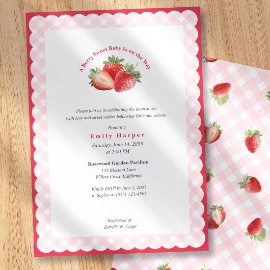 Pink Gingham Strawberry Berry Sweet Baby Shower Kaart