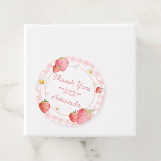 Pink Gingham Strawberry Berry Verjaardagsfeestje R Bedankjes Labels (In situ)