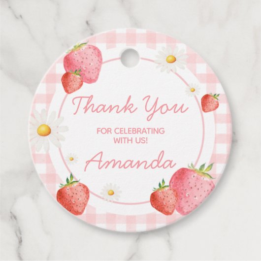 Pink Gingham Strawberry Berry Verjaardagsfeestje R Bedankjes Labels (Voorkant)