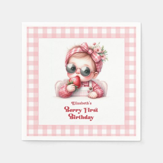 Pink Gingham Strawberry Chic Berry eerste verjaard Servet (Voorkant)