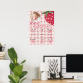Pink Gingham Strawberry First Birthday Milestone  Poster (Thuiskantoor)