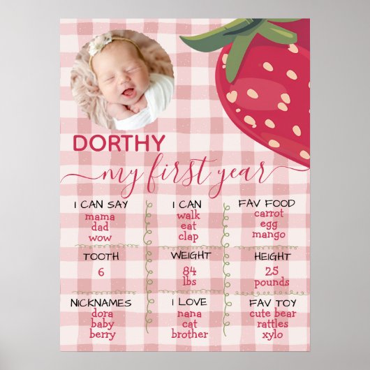 Pink Gingham Strawberry First Birthday Milestone  Poster (Voorkant)