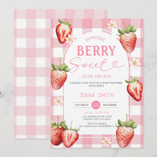 PINK Gingham Strawberry Sweet Baby shower Kaart (Voorkant / Achterkant)