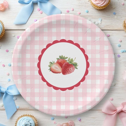 Pink Gingham-Strawberry themed Papieren Bordje