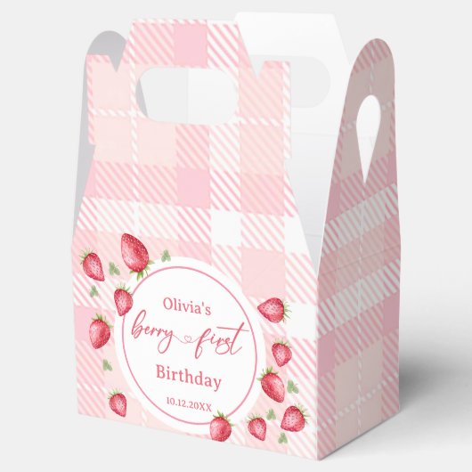 Pink Gingham Strawberry Verjaardag Bedankdoosjes (Geopend)