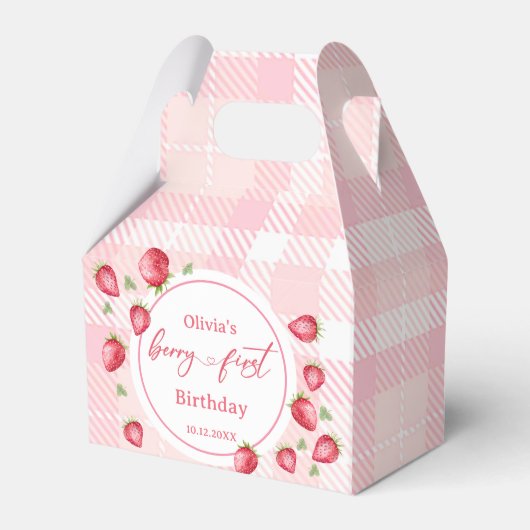 Pink Gingham Strawberry Verjaardag Bedankdoosjes (Voorkant Zijde)