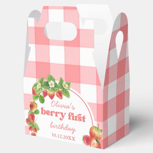 Pink Gingham Strawberry Verjaardag Bedankdoosjes (Geopend)