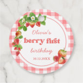 Pink Gingham Strawberry Verjaardag Bedankjes Labels (Achterkant)