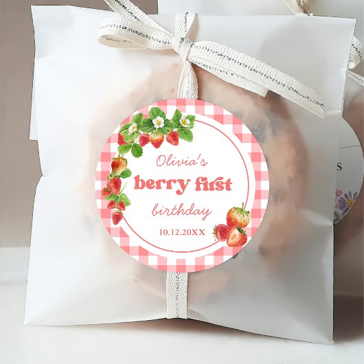 Pink Gingham Strawberry Verjaardag Bedankjes Labels