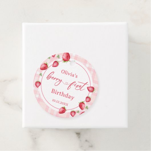 Pink Gingham Strawberry Verjaardag Bedankjes Labels (In situ)