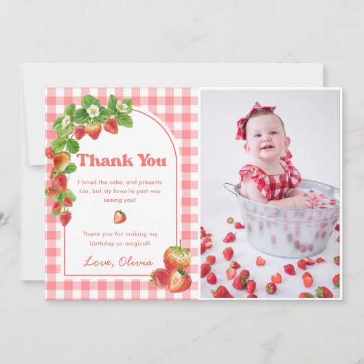 Pink Gingham Strawberry Verjaardag Bedankt Card Kaart (Voorkant)