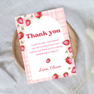 Pink Gingham Strawberry Verjaardag Bedankt Card Kaart