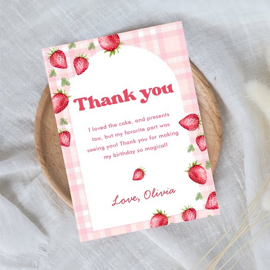 Pink Gingham Strawberry Verjaardag Bedankt Card Kaart