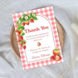 Pink Gingham Strawberry Verjaardag Bedankt Card Kaart