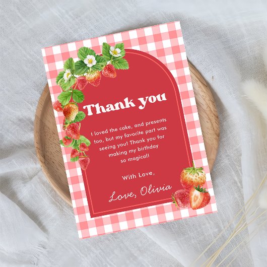 Pink Gingham Strawberry Verjaardag Bedankt Card Kaart
