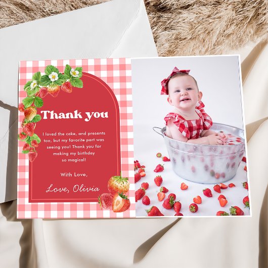 Pink Gingham Strawberry Verjaardag Bedankt Card Kaart