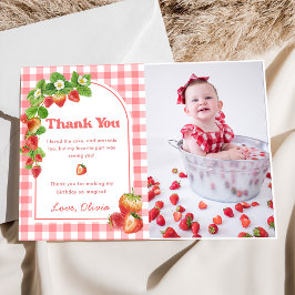Pink Gingham Strawberry Verjaardag Bedankt Card Kaart