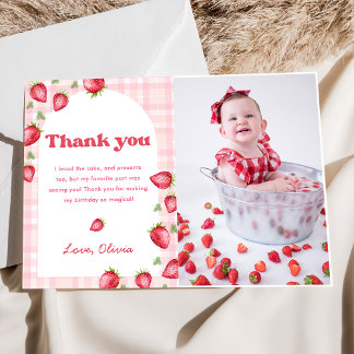 Pink Gingham Strawberry Verjaardag Bedankt Card Kaart