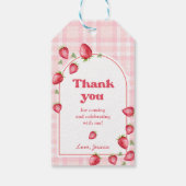 Pink Gingham Strawberry Verjaardag Cadeaulabel (Achterkant)