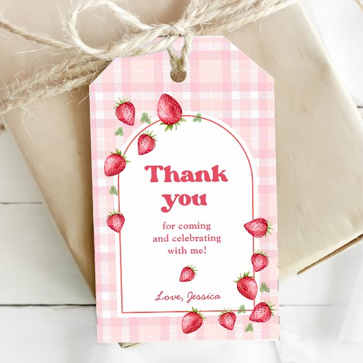 Pink Gingham Strawberry Verjaardag Cadeaulabel