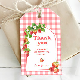 Pink Gingham Strawberry Verjaardag Cadeaulabel