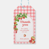 Pink Gingham Strawberry Verjaardag Cadeaulabel (Voorkant)