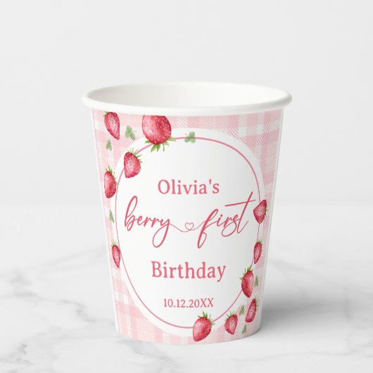 Pink Gingham Strawberry Verjaardag Papieren Bekers (Achterkant)