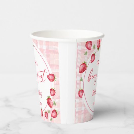 Pink Gingham Strawberry Verjaardag Papieren Bekers (Rechts)