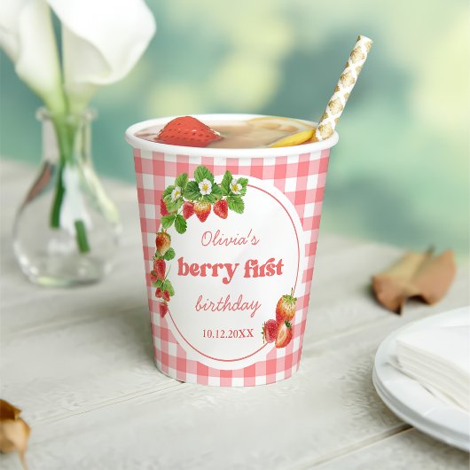 Pink Gingham Strawberry Verjaardag Papieren Bekers