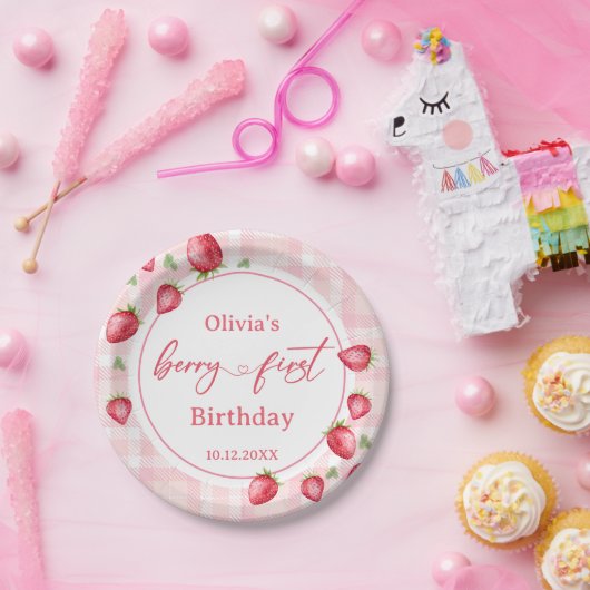 Pink Gingham Strawberry Verjaardag Papieren Bordje (Feest)
