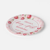 Pink Gingham Strawberry Verjaardag Papieren Bordje (Gekanteld)
