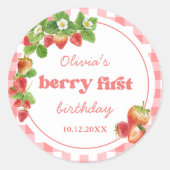 Pink Gingham Strawberry Verjaardag Ronde Sticker (Voorkant)