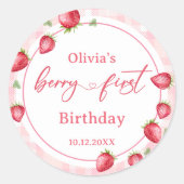 Pink Gingham Strawberry Verjaardag Ronde Sticker (Voorkant)