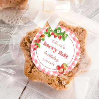Pink Gingham Strawberry Verjaardag Ronde Sticker