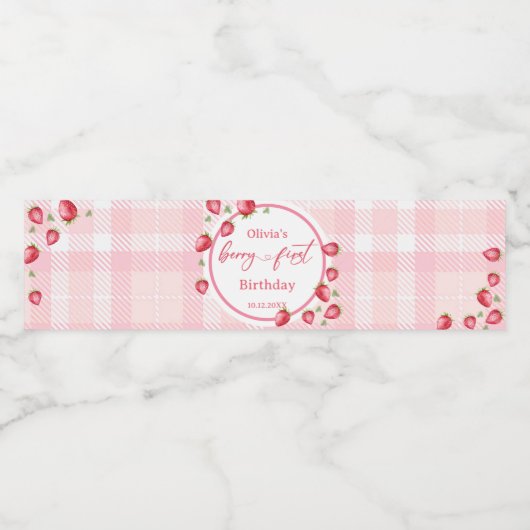 Pink Gingham Strawberry Verjaardag Waterfles Etiket (Enkel label)