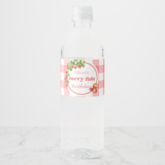 Pink Gingham Strawberry Verjaardag Waterfles Etiket (Voorkant)
