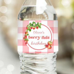 Pink Gingham Strawberry Verjaardag Waterfles Etiket