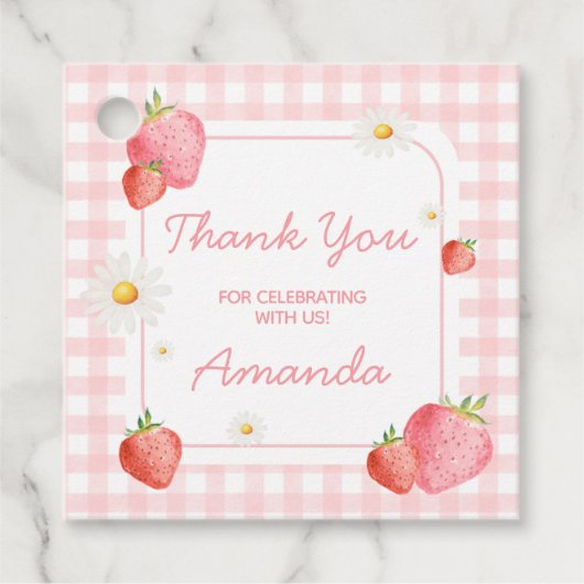 Pink Gingham Strawberry verjaardagsfeestje Bedankjes Labels (Voorkant)