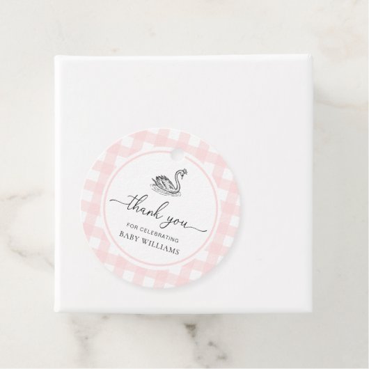 Pink Gingham Swan-Baby shower Bedankjes Labels (In situ)
