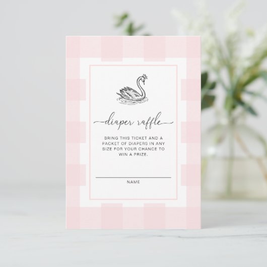 Pink Gingham Swan Luier Raffle Ticket Behuizing Kaart (Staand voorkant)