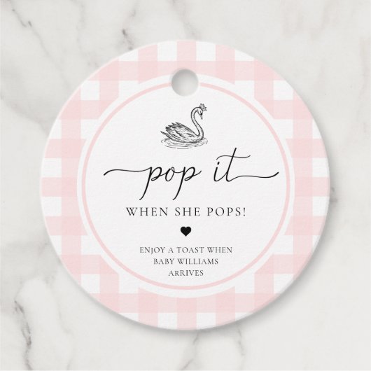 Pink Gingham Swan Pop het als ze Poppen Bedankjes Labels (Voorkant)