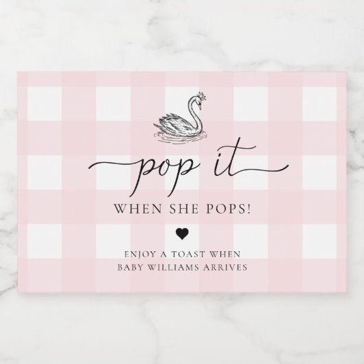 Pink Gingham Swan Pop het als ze Poppen Sparkling Wijnetiket (Enkel label)