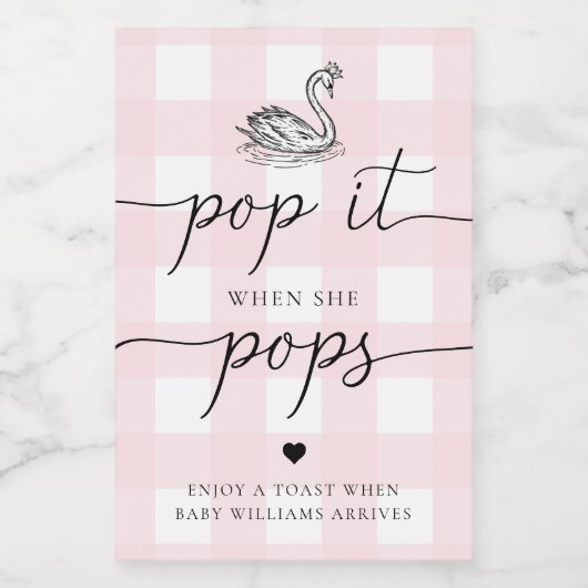 Pink Gingham Swan Pop het als ze Poppen Wijn Etiket (Enkel label)