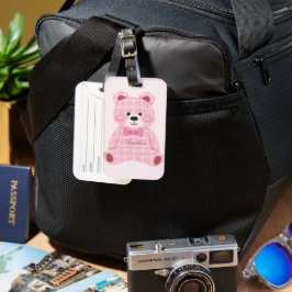 Pink Gingham Teddy Bagagelabel