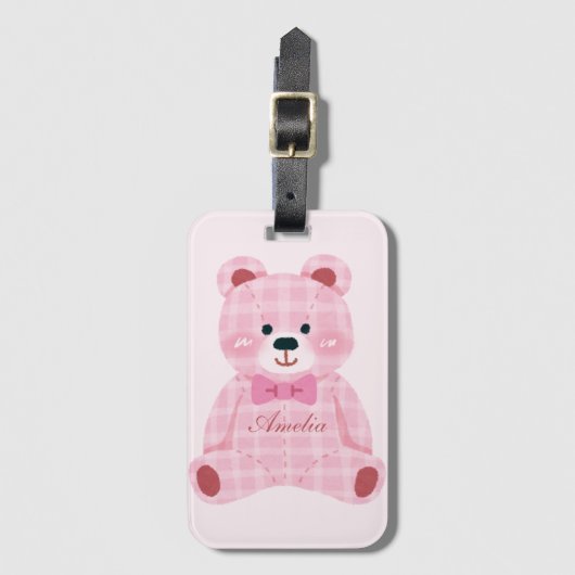 Pink Gingham Teddy Bagagelabel (Voorkant (verticaal))