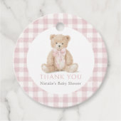 Pink Gingham Teddy Bear Baby Shower Bedankjes Labels (Voorkant)