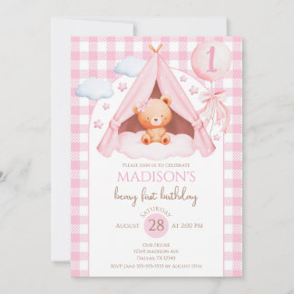 Pink Gingham Teddy Bear Balloon Girl 1st Birthday Kaart
