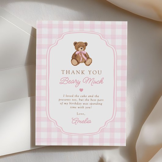 Pink Gingham Teddy Bear Beary First Birthday Bedankkaart